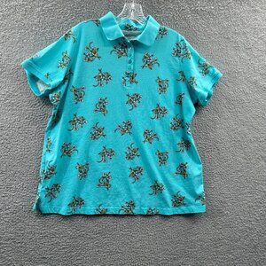 Woman Within Womens Polo Top Large Blue 100% Cotton Floral Short Sleeve Shirt